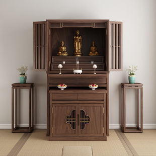 实木佛龛供桌神台一体黑胡桃木佛堂佛台菩萨供奉台财神佛龛柜带门