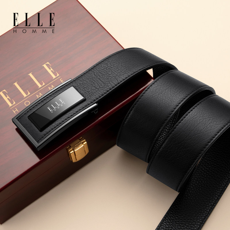 正品elle腰带男士真皮平滑扣皮带商务男款内扣裤带高档十大品牌
