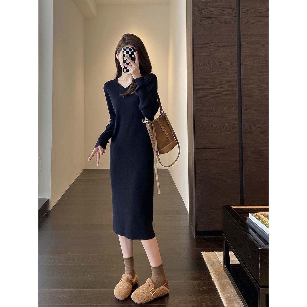 Amr Uu◆博主范气质V领针织裙修身小黑裙中长裙秋冬女装新款