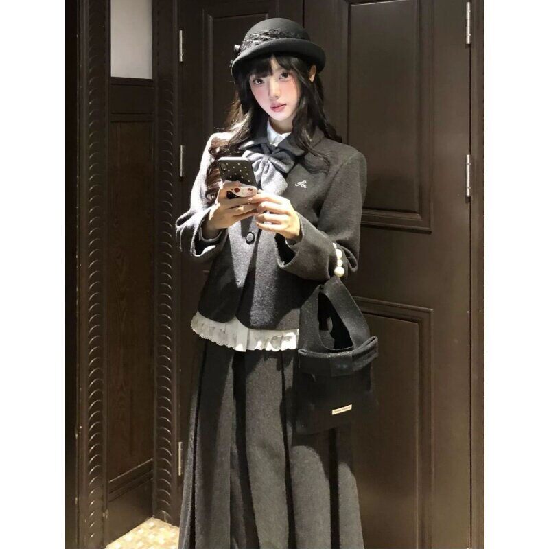 韩系学院风灰色毛呢外套蕾丝衬衫中长裙秋冬套装女优雅气质三件套