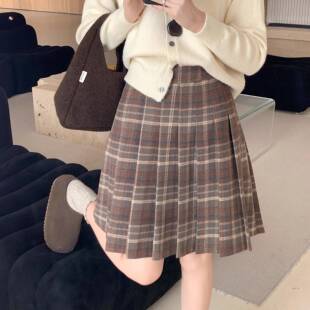 大码覆古格子百褶高腰半身裙秋冬胖mmA字显瘦中裙学院风短裙子ins
