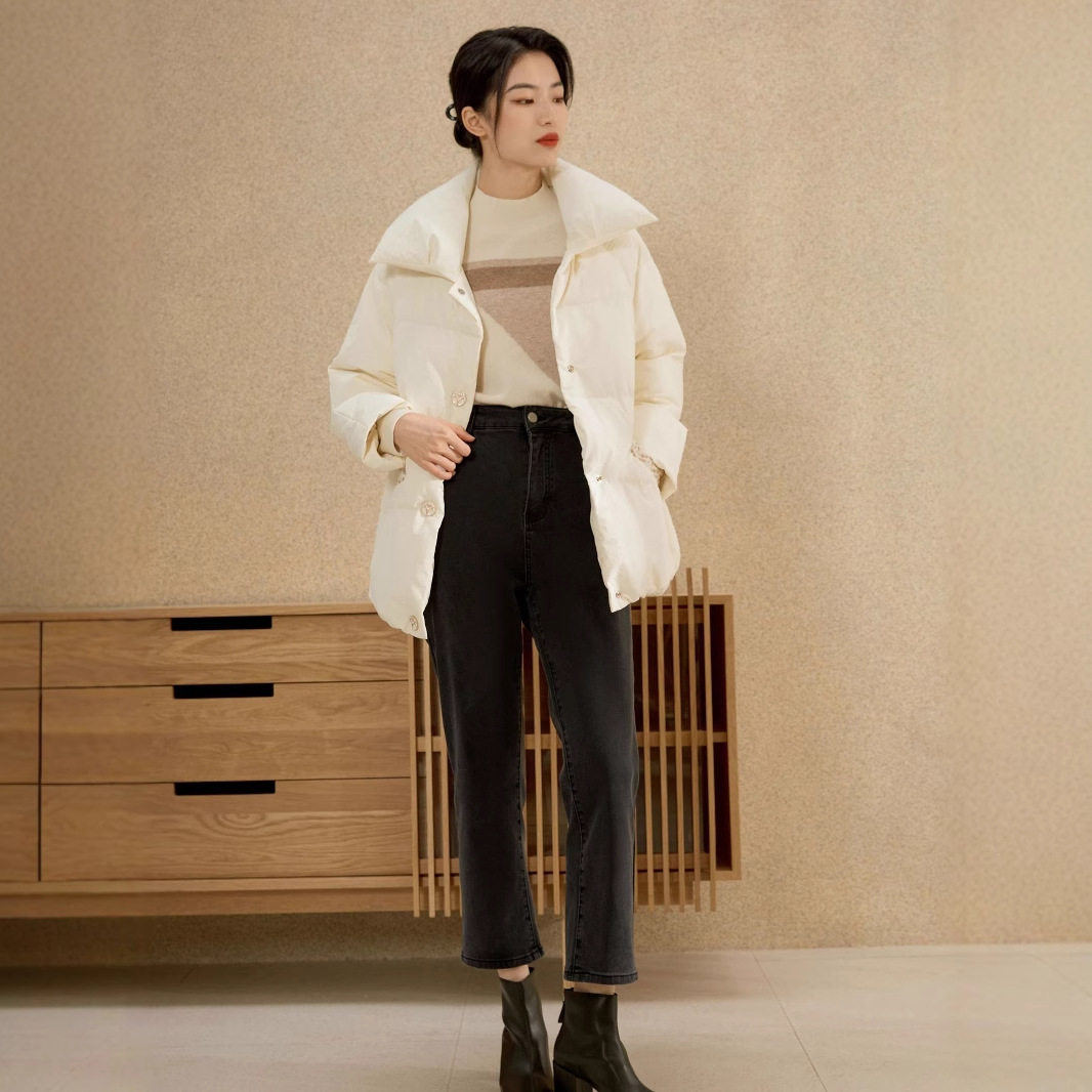 90绒冬简约时髦温暖蓬松中长款羽绒服