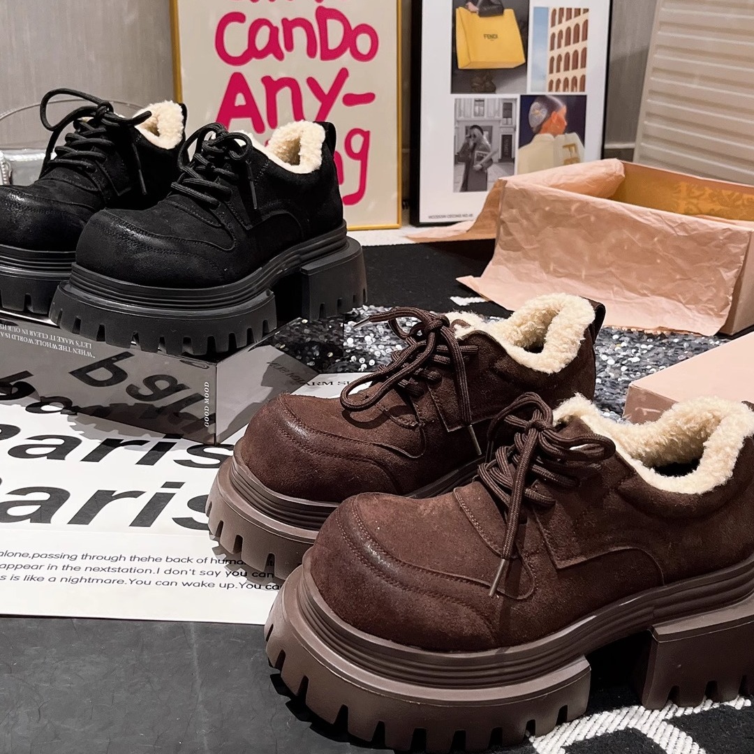 加绒大头乐福鞋布洛克棉鞋女鞋