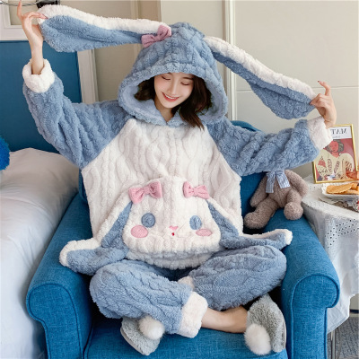 女冬珊瑚绒睡衣加绒加厚保暖