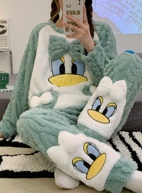 睡衣女冬季法兰绒加厚加绒2025年新款珊瑚绒绿色鸭长袖秋冬家居服