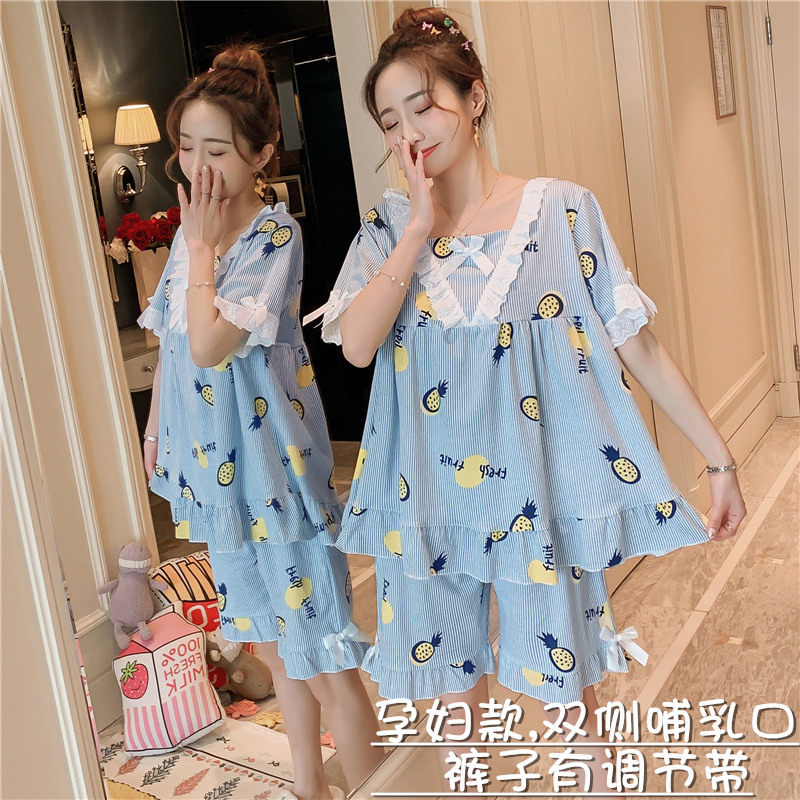 条纹菠萝孕妇睡衣夏季两件套哺乳纯棉短袖春秋款孕期怀孕期月子服
