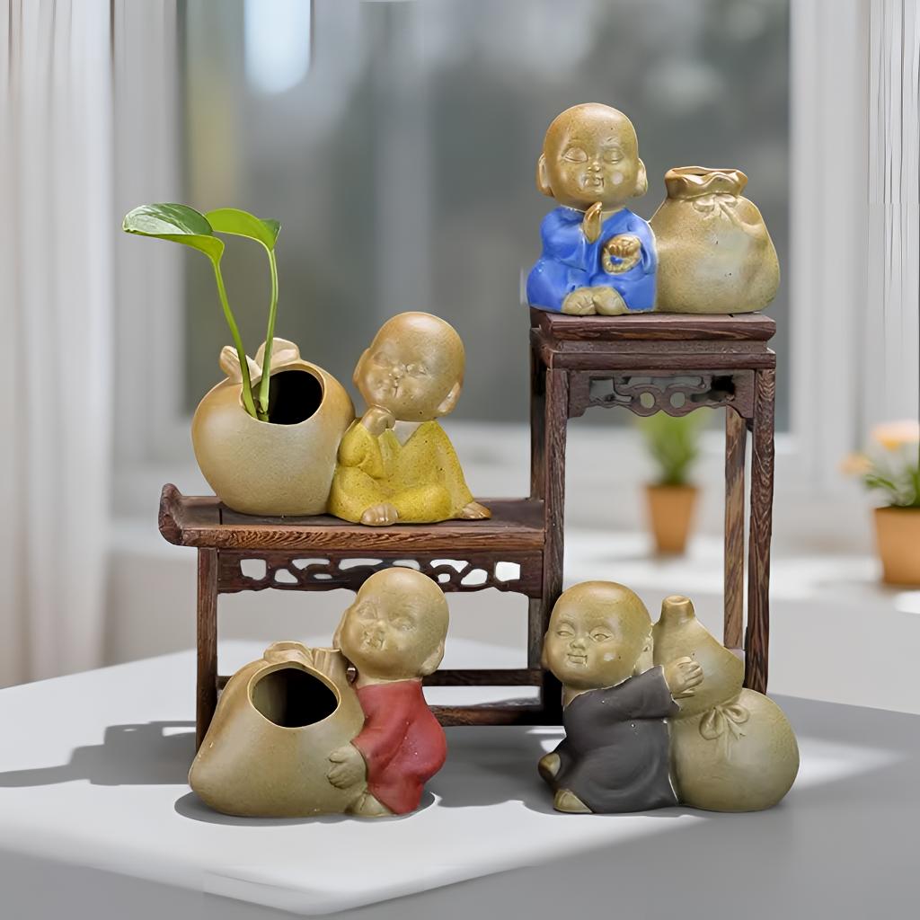 粗陶禅意和尚无孔紫砂陶瓷花盆铜钱草袖珍椰子水培植物茶宠摆件