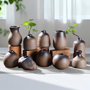粗陶小花器仿石花器古典手工粗陶复古水培小花插陶瓷迷你小花瓶