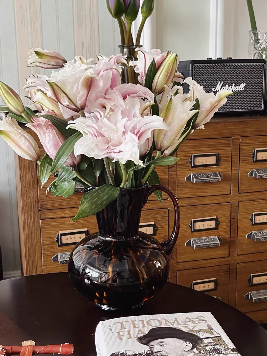 琥珀创意花瓶手工玻璃花瓶装饰摆件中古风水壶花瓶摆件两用