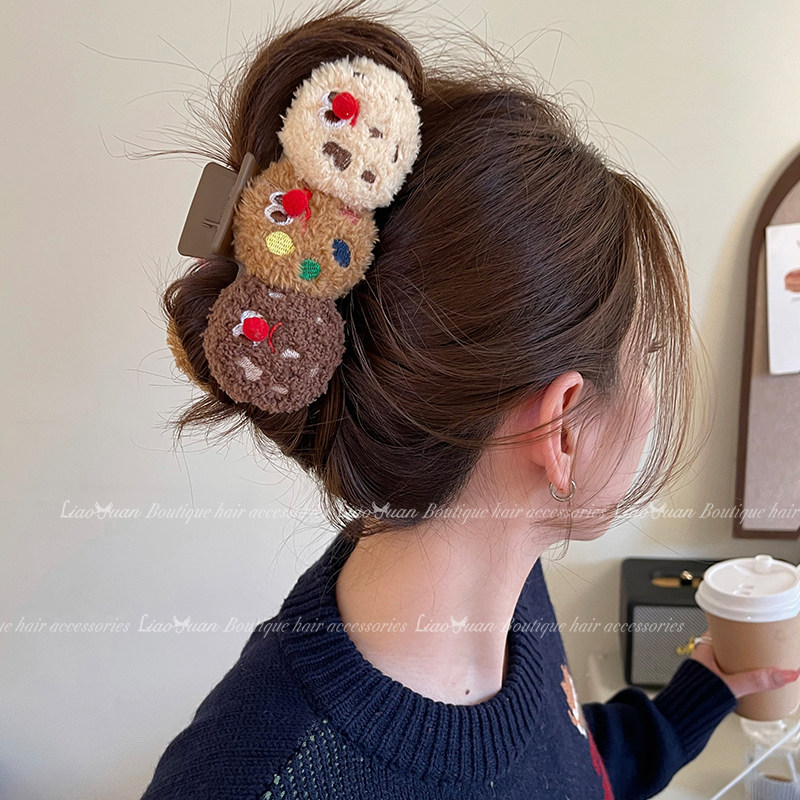 气质可爱！Q萌曲奇发夹！后脑勺毛绒抓夹女大号鲨鱼盘发旅行发卡
