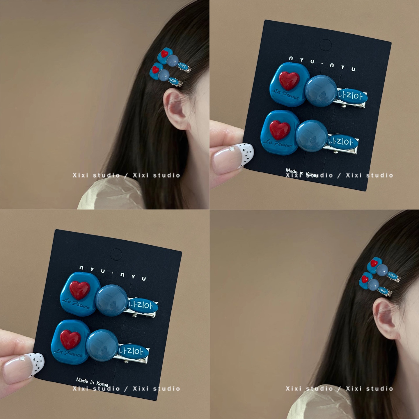 百搭蓝圆珠红爱心发夹洗脸防滑刘海鸭嘴夹精致高级感发饰2025新款