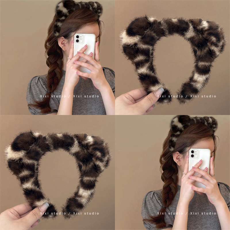 毛茸茸！可爱熊耳朵发箍！秋冬毛绒豹纹设计感毛毛发饰发箍盘发器