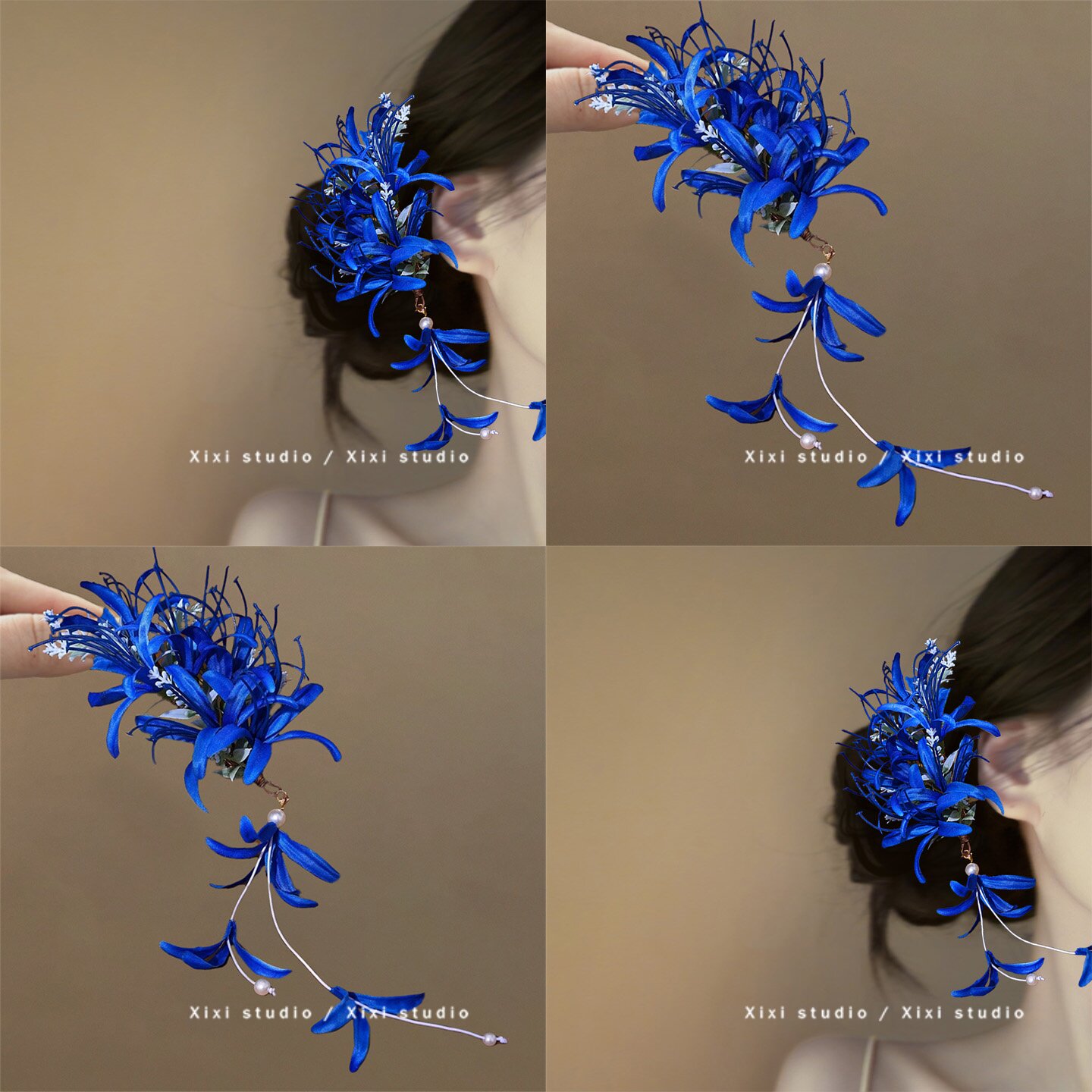 古风蓝色彼岸花发夹旗袍汉服配饰