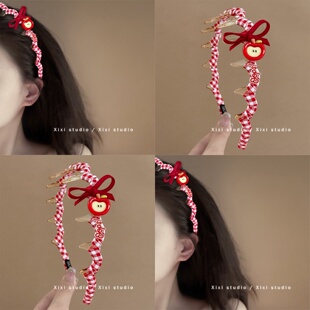 可爱满分！甜美苹果格纹带齿发箍！倒插高颅顶发卡头饰新品盘发器