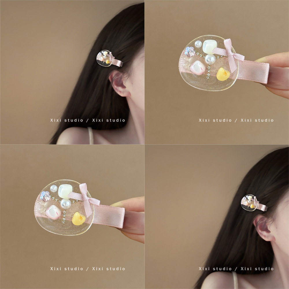甜美色调！粉色丝带蝴蝶结滴胶发夹！减龄少女感鸭嘴夹新品盘发器