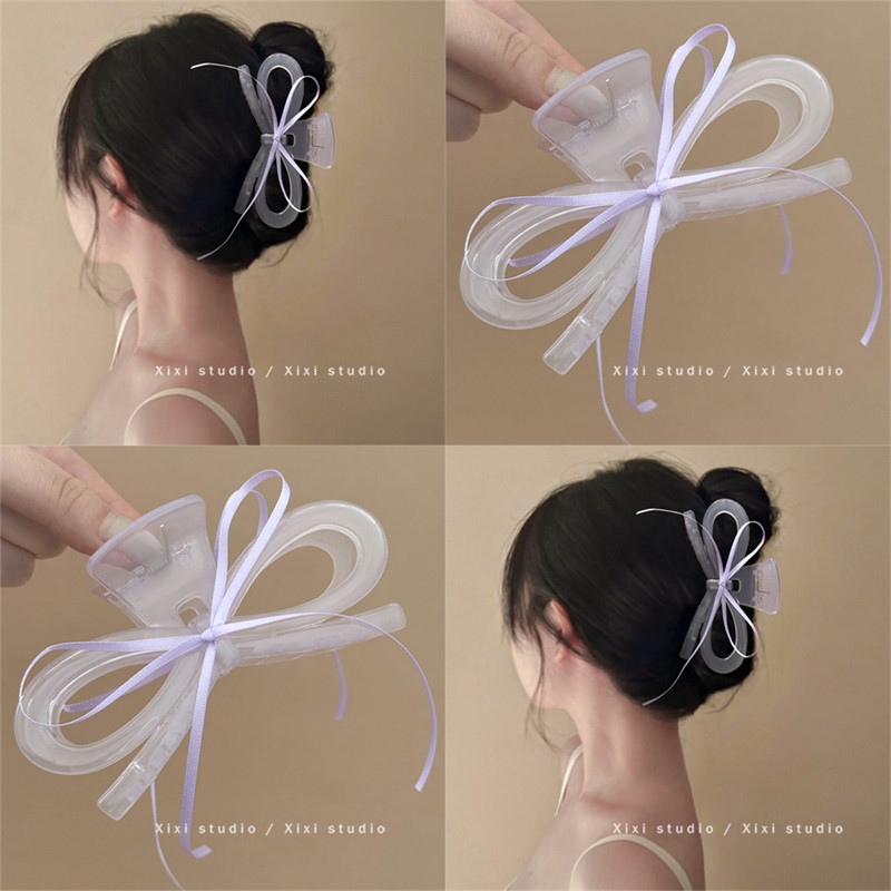 清透淡紫！甜美丝带蝴蝶结抓夹！芭蕾风后脑勺鲨鱼夹新品盘发器女