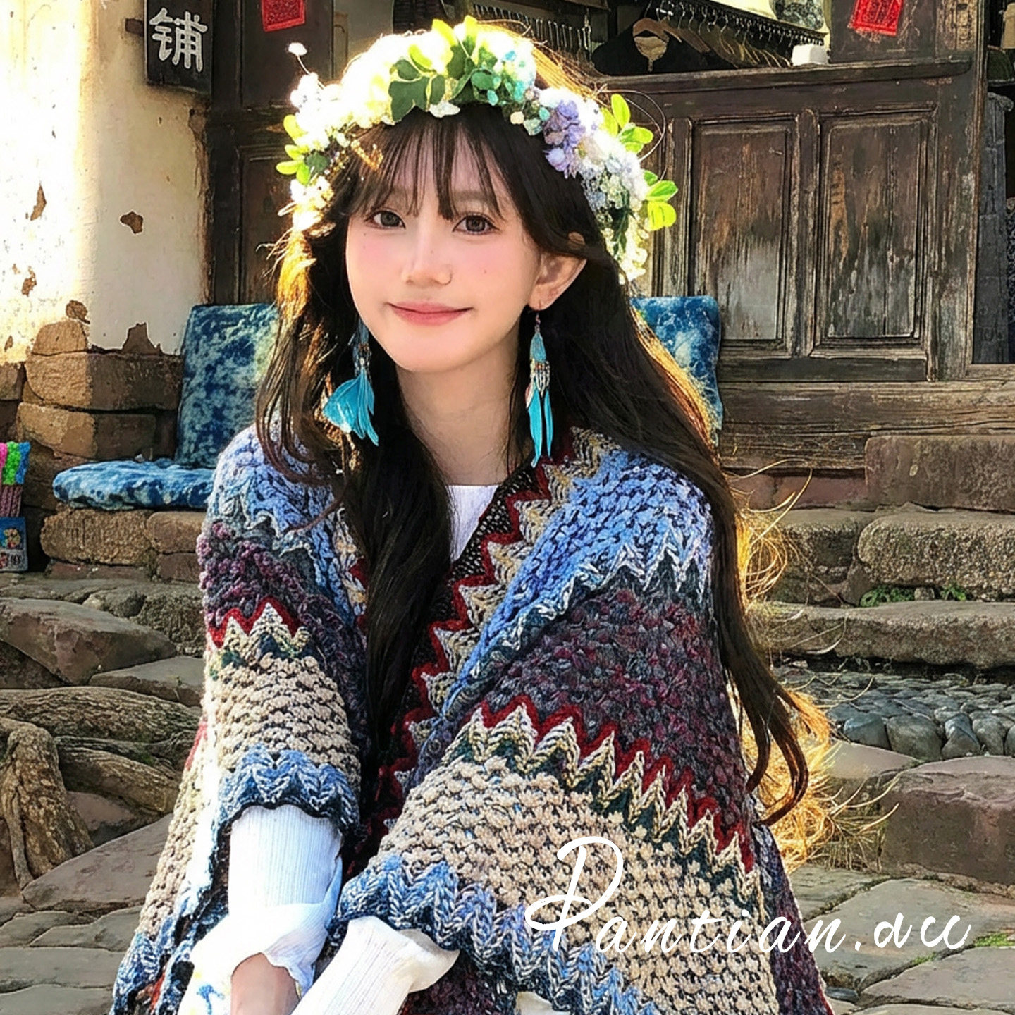 波西米亚蓝色针织披肩拍照披风苗疆少女斗篷新品云南大理旅游罩衫