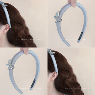 头箍韩系头饰新品 高级感时尚 盘发器 蓝色蝴蝶宽边发箍 清新一夏