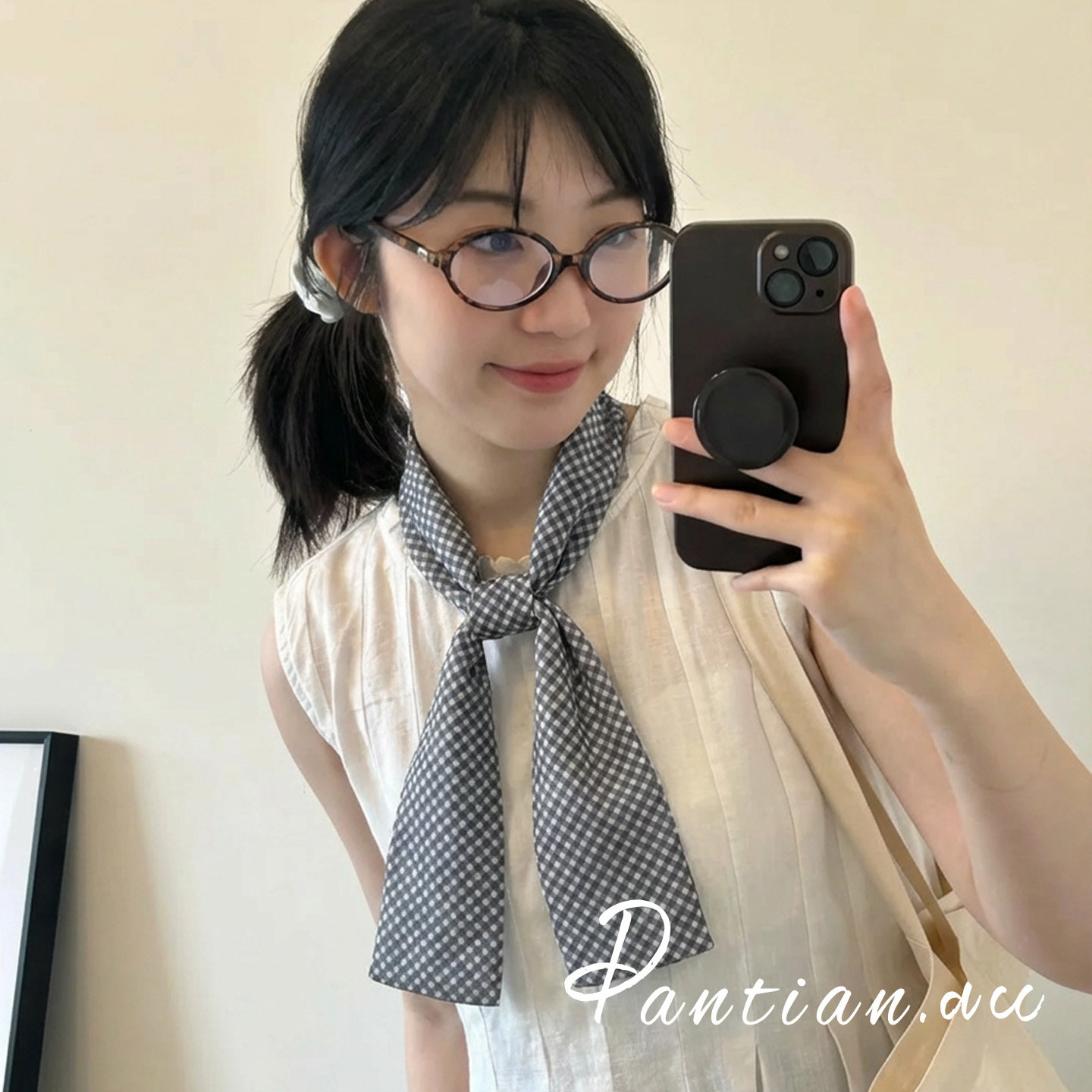 学院风黑白格子长条丝巾复古文艺感领巾春季新品系脖飘带百搭围脖