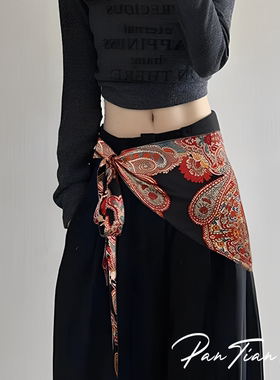 辣妹高级感系腰丝巾红色腰果花叠穿屁帘三角腰封配裤子腰饰新品女