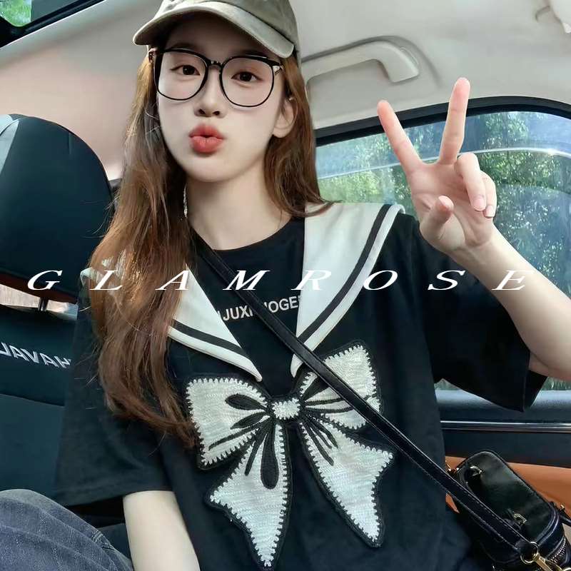 GLAMROSE⭐海军风蝴蝶结刺绣短袖T恤女宽松显瘦休闲上衣设计感