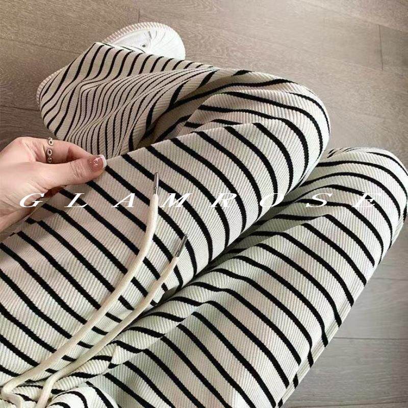 GLAMROSE⭐女士简约高腰条纹直筒裤女宽松显瘦绑带休闲裤通勤风