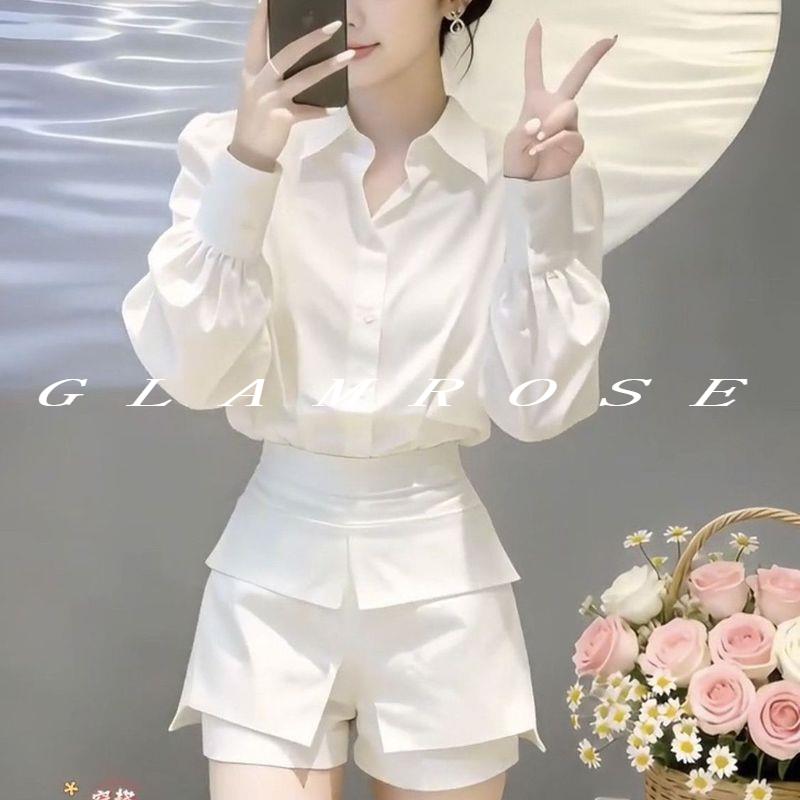 GLAMROSE⭐网红新款职业套装通勤风白色POLO领衬衫高腰短裤