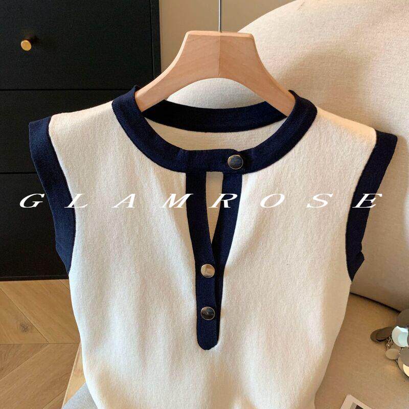 GLAMROSE⭐韩系复古藏青色小衫背心女夏季新款薄款冰丝无袖上衣