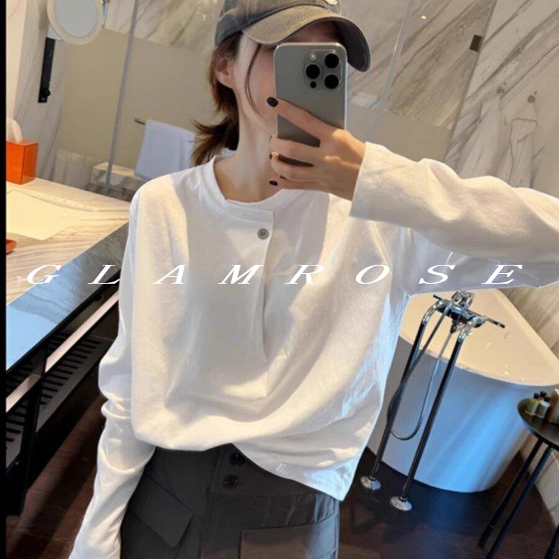 纯棉白色一粒扣宽松长袖T恤女
