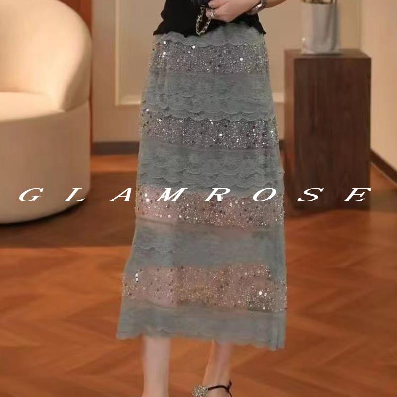 GLAMROSE⭐法式设计蕾丝亮片半身裙夏季轻奢赫本风优雅高腰宽松