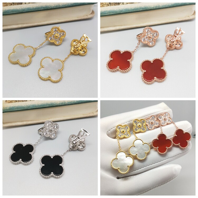 四叶草双花耳拍925银镀18k玫瑰金镶红玉髓黑玛瑙白贝母日韩不过敏