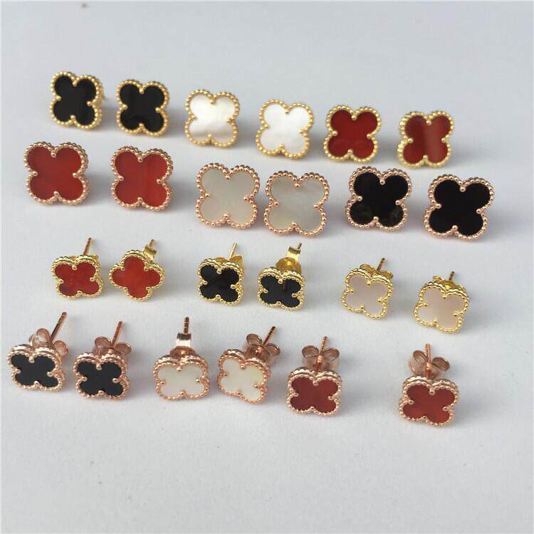 四叶草耳钉925银度18K金镶天然玉石红玉髓黑玛瑙白贝母不过敏耳环