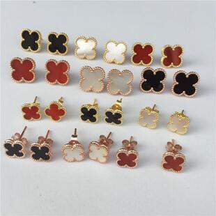 四叶草耳钉925银度18K金镶天然玉石红玉髓黑玛瑙白贝母不过敏耳环