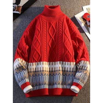 恒源祥青少年羊毛衫男加绒加厚冬季高领保暖红色本命年高级感毛衣