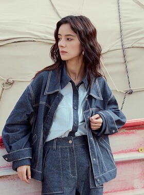 INGE复古蓝柔棉骨感撞色分割线设计感背后可调节系扣廓形牛仔外套