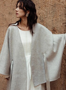 INGE 雾灰色全澳毛设计感绑带款极简挺括双面呢小个子斗篷大衣