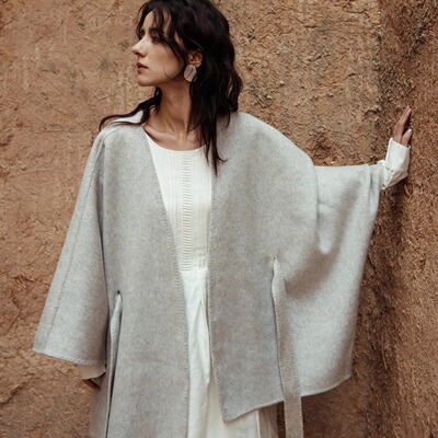 双面呢斗篷外套全澳毛绑带极简