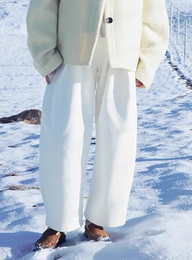 INGE 牛奶丝复合绒设计师款复古宽松高腰弧形长裤秋冬保暖神裤