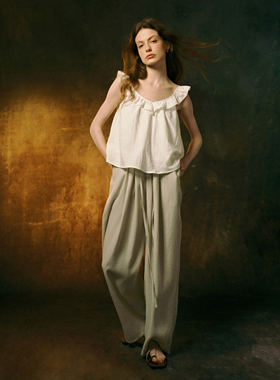 INGE 浅灰绿抽绳质感肌理松紧宽松慵懒骨感长裤