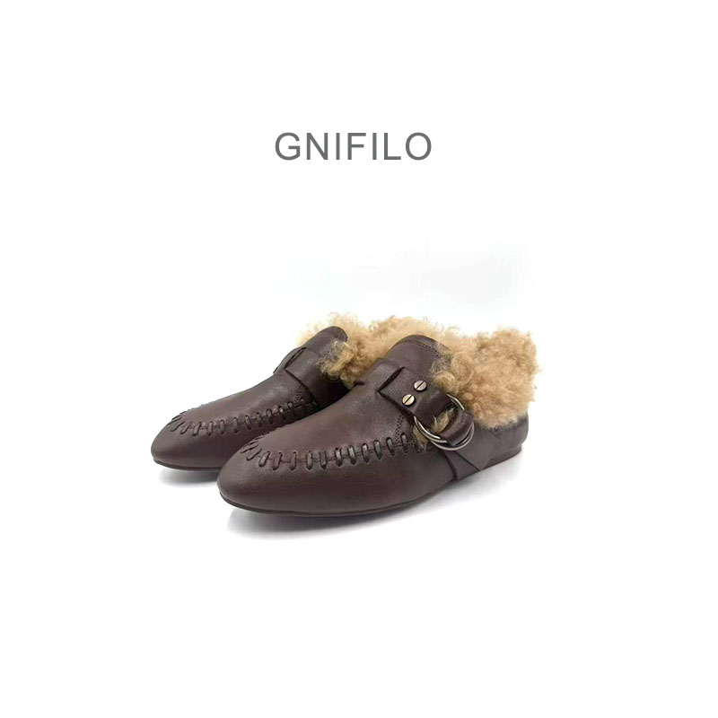 GNIFILO加绒毛毛鞋女英伦风一脚蹬乐福鞋秋冬保暖豆豆鞋
