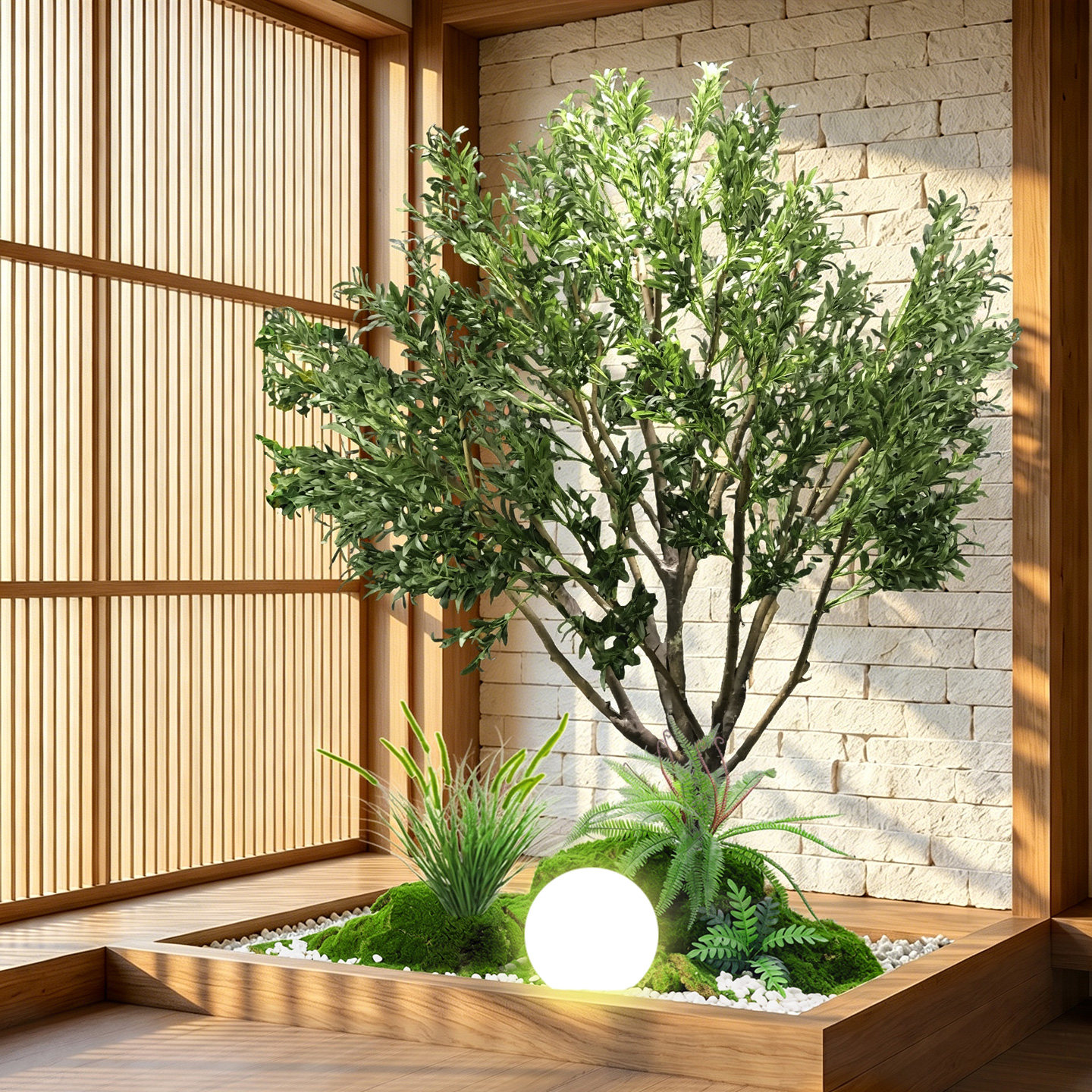 仿真橄榄树楼梯下造景组合