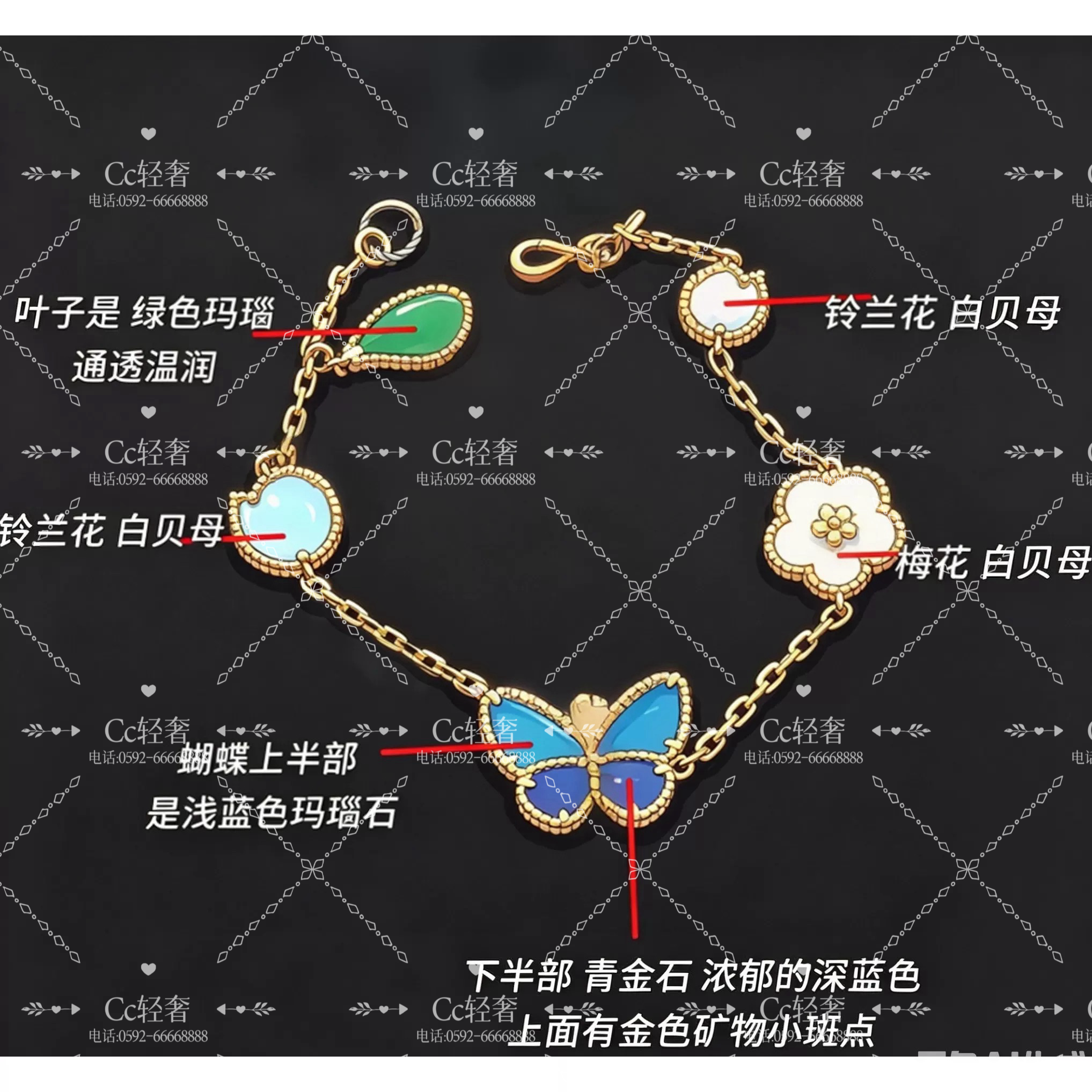 蓝色蝴蝶手链Lucky贝母手链26新款幸运四叶草五花手链