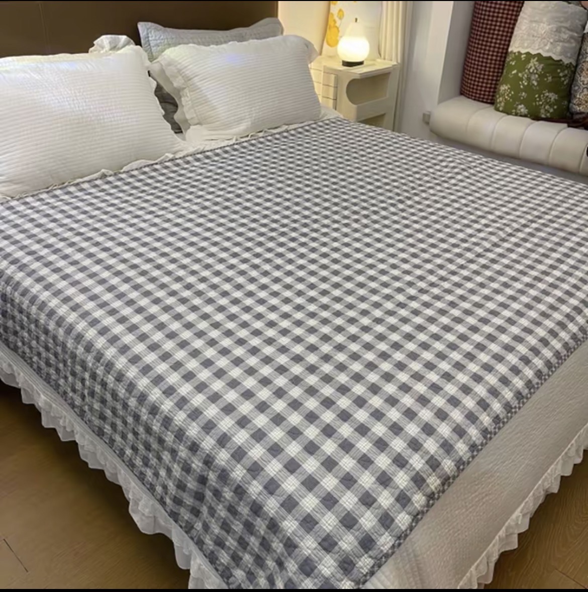灰色格子纯棉绗缝床盖加厚夹棉床单隔脏垫子可水洗机洗隔油隔汗垫
