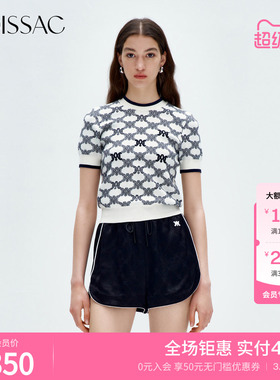 商场同款 摩萨克秋装圆领复古时髦老花套头针织衫短袖上衣女