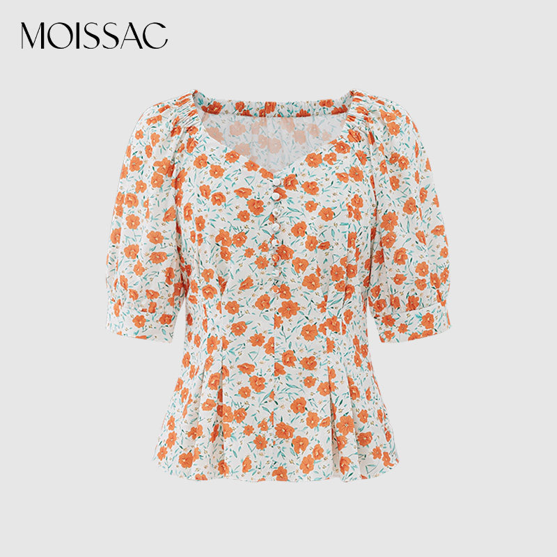 MOISSAC/摩萨克 夏季V领碎花上衣法式浪漫轻薄雪纺小衫
