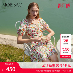 摩萨克夏纯棉甜美玫瑰碎花印花V领泡泡袖 连衣裙女 收腰中短款