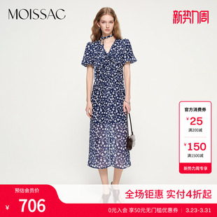 长款 田园风碎花短袖 连衣裙女 雪纺开衩露背法式 摩萨克夏款