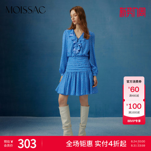 减龄高级波点蓝收腰长袖连衣裙