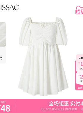 摩萨克夏款纯棉甜美法式度假泡泡袖高腰抽褶短款连衣裙女