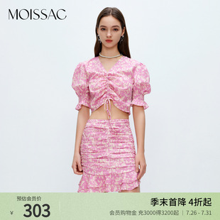 法式 甜美抽绳截短款 摩萨克夏季 V领泡泡袖 短上衣女 衬衫 小衫